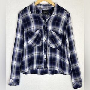 💙 Rails Dylan Oxford Navy Blue White Plaid Button Long Sleeve Crop Flann…